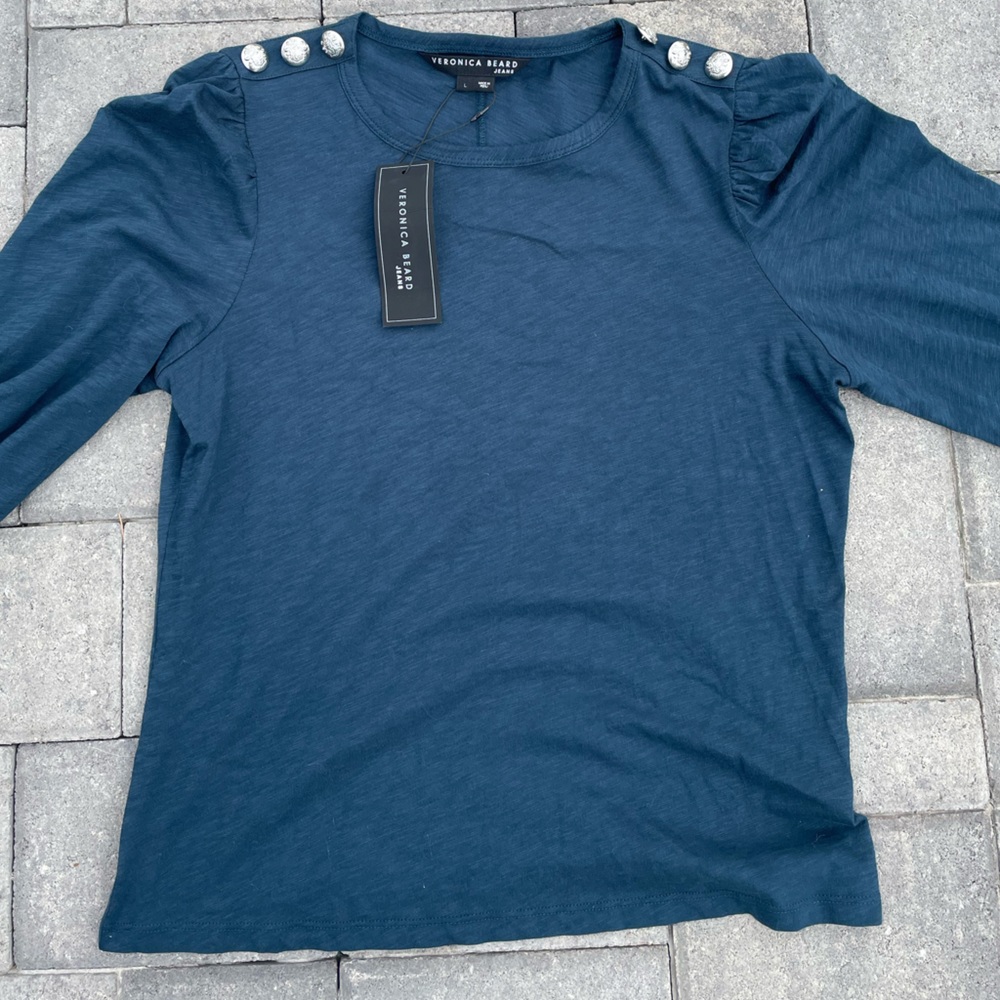 Veronica Beard Teal Long Sleeve with Silver Military Buttons